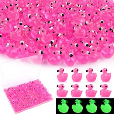 Imagem de 200 peças de mini animais de resina fofos rosa rosa minúsculos patos flamingo brilham no escuro, figuras em miniatura para esconder, acessórios de brinquedos de animais pequenos a granel para enfeites