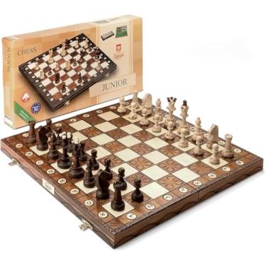 Imagem de Handmade European Wooden Chess Set with Wood Chess Pieces – Decorative Box with Storage Tray – Rustic Classic Board Game (Junior)