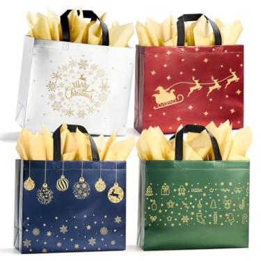 Imagem de YANGTE Pacote com 16 sacos de presente de Natal grandes de 33 cm com papel de seda, reutilizáveis, 4 sacos de Natal com alça para embrulhar presentes, compras, suprimentos de festa de Natal (33 cm L x