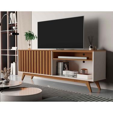 Imagem de Rack Buriti Ripado 160cm 2 Portas para Tv até 65 Polegadas OffWhite com Freijó - Rede Móveis