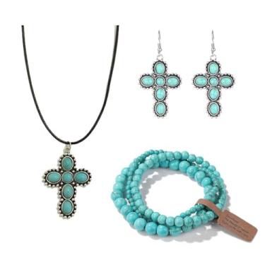 Imagem de Azusa Sun Conjunto de joias boêmias turquesa para mulheres com pingente de flor de cruz ocidental brincos de contas pulseiras vaqueira boho country concerto joias, Zinco, Sem Pedra Preciosa