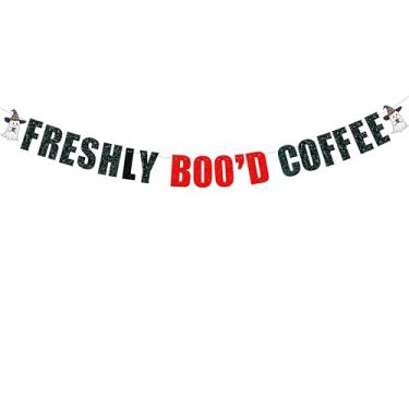 Imagem de Banner de café pré-amarrado recém boo'd - placas de Halloween decoração de fantasma interior, placa de café, cozinha de Halloween, decoração de fantasma fofo, glitter preto e vermelho