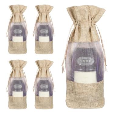 Imagem de 5 unidades de sacos de vinho de serapilheira para viagem, sacos de presente de garrafa de juta de vinho com cordões, bolsas reutilizáveis de tecido de organza hessiana de 750 ml com janela
