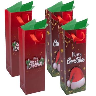 Imagem de RACHELLE'S Sacos de vinho de Natal – 35,56 x 12,7 x 10,2 cm (pacote com 4) – Sacos de presente de papel resistente com papel de seda, etiqueta e alça – designs de guirlanda e chapéu de feriado