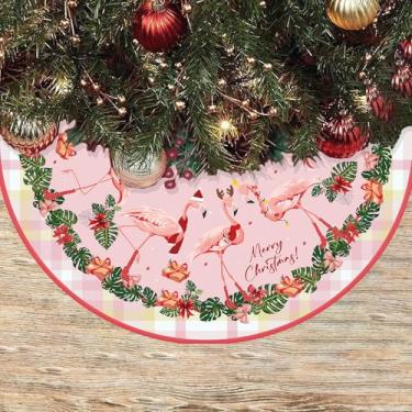 Imagem de Saia de árvore de Natal flamingo rosa 121 cm gola de árvore de Natal tropical costeira havaiana decoração de árvore de Natal flamingo ano novo, decorações de Natal para festa em casa