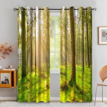 Imagem de Laeacco Sunshine Forest Cortinas blackout com árvores de cedro verde e musgos cortinas de janela com paisagem natural da floresta do nascer do sol para casa, escritório, quarto, sala de jantar, 106 x