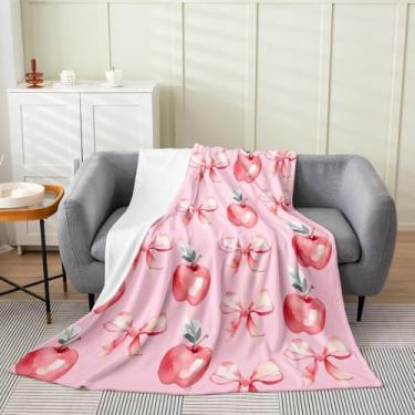 Imagem de jejeloiu Cobertor de lã infantil com laço rosa, para meninos e meninas, 127 x 152 cm, cobertor grande de flanela de maçã felpudo, lindo nó de laço de coquete ultra macio para cama, sofá, cadeira de