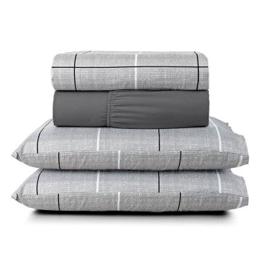 Imagem de Jogo Cama Lençol Celi Casal Padrão Estampado Micropercal 200 Fios 4 Peças Xadrez Grid Cinza