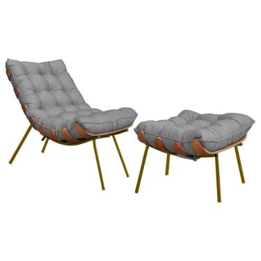 Imagem de Conjunto Decorativo Poltrona e Puff Abel Base de Madeira Dourada Linho Cinza - Gran Belo