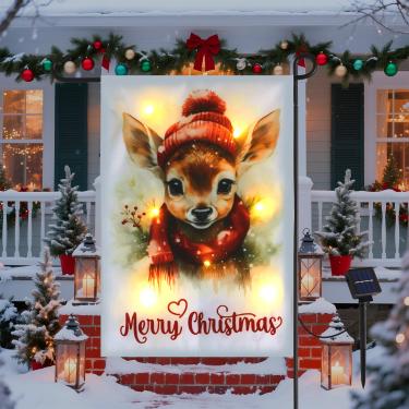 Imagem de Estaca LED de bandeira de jardim de rena de Natal, decoração externa dupla face alimentada por energia solar, bandeira de quintal festiva para gramado/varanda/celebrações de Natal