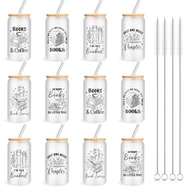 Imagem de Yetene 12 peças de presentes para amantes de livros para mulheres presentes de livros para leitores copos de vidro de 473 ml com tampas canudos clube do livro apreciação bibliotecária presente de