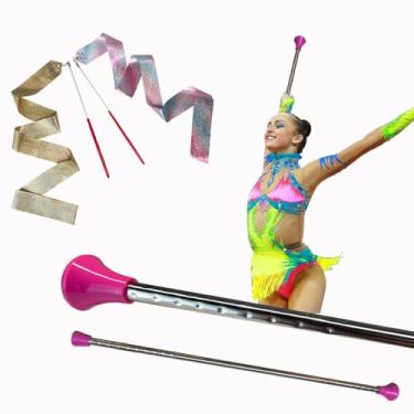 Imagem de Oiloda 2 bastões para girar e 2 peças de fitas de dança, bastão giratório de 53 cm de ginástica rítmica para condução de marcha para Baton Twirler, shows de talentos e dança artística (2 - rosa)