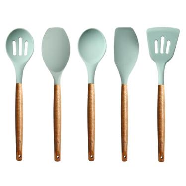 Imagem de Conjunto de utensílios de cozinha, conjunto de utensílios de cozinha de silicone, conjunto de espátula de silicone antiaderente com cabo de madeira dura de acácia natural, 5 peças, utensílios de