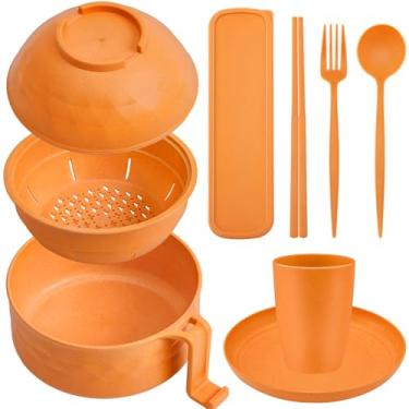 Imagem de Romooa Conjunto de panela de ramen de micro-ondas para micro-ondas com canudo de trigo e tigela de ramen de 935 g, pratos, copos e caixa de talheres, pode ser lavado na lava-louças, dormitório