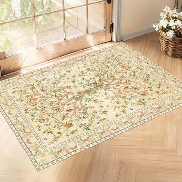 Imagem de TANVILL Tapete de entrada 5 x 7 cm, lavável na máquina, antiderrapante, tapete de área pequena, floral boho para entrada, porta da frente, entrada, cozinha, quarto infantil (bege)