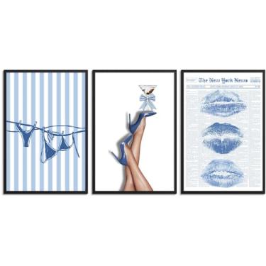 Imagem de ZRHJKYV Trendy Kiss Jornal Arte de Parede Praia Biquíni Listras Poster Moda Azul Salto Alto Impressão em Tela Conjunto de 3 Decoração de Parede Para Banheiro Quarto Praia Dormitório 20 X 30 cm Sem