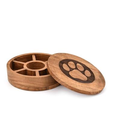 Imagem de Hanol Caixa de temperos decorativa Spice Celler | Tampa esculpida com pata | Lata Masala de madeira de acácia com 7 compartimentos (20 x 20 x 5,7 cm)