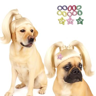 Imagem de Rabo de cavalo com cabelo loiro engraçado peruca de animal de estimação corte de cabelo DIY e ajuste ajustável, fantasia de gato e cachorro para festa de Halloween, sessões de fotos, visual 3D natural