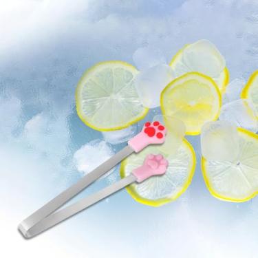 Imagem de Mini pinça de gelo de pata de gato de 14 cm, 1 pinça antiderrapante de cabeça de silicone rosa, clipe multiuso de aço inoxidável, usado para churrasco de frutas, cubos de gelo, clipe de sobremesa