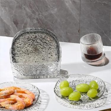 Imagem de Prato de frutas reutilizável de 4 peças, prato de osso de cuspe, bandeja de lixo empilhável para mesa de jantar, quadrada para reuniões familiares internas e piqueniques ao ar livre com bandeja de