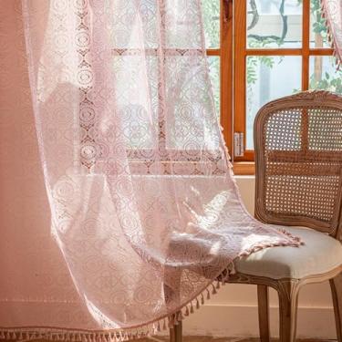 Imagem de Cortinas Boho rosa 2 painéis 153 cm de comprimento vintage chique padrão de doily cortinas de renda transparente com bolso para varão, cortina coquete feminina de crochê para quarto e sala de estar