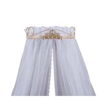 Imagem de Kit Dossél para Quarto de Bebê Tiara Dourado Perolas completo Véu Tule
