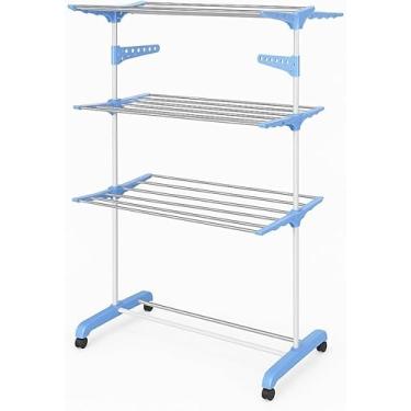 Imagem de Varal de Chão Organizador Retrátil Dobrável 3 Andares Compacto e Rodinhas para Roupas Íntimas Ideal para Apartamento Premium