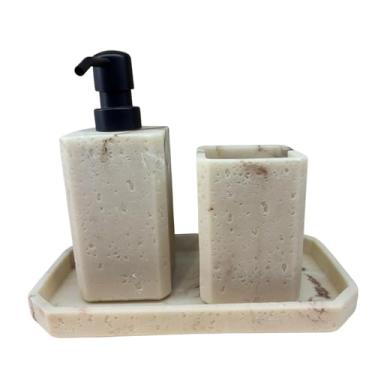 Imagem de Conjunto de Banheiro, Kit de Saboneteira em Ceramica Bege e Preto Jogo 3 Peças com Saboneteira, Porta Escova, Base, Estilo Europeu, Decoração de Luxo para Casa e Hotel (Bege)