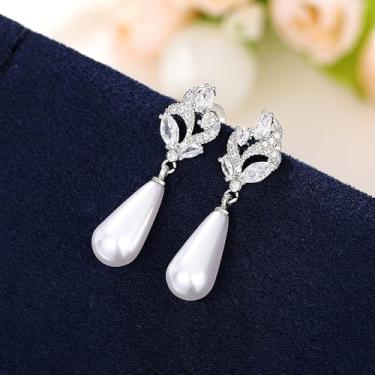 Imagem de Brincos pendentes de pérolas de imitação de gota d'água elegantes de luxo com zircônia cúbica deslumbrante joias de casamento femininas, 1.3, Latão, Zircônia cúbica Pérola sintética