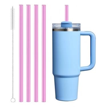 Imagem de 4 canudos Tritan de substituição compatíveis com Stanley Quencher de 850 g, copo copo de 1,134 g, canudos reutilizáveis com 1 escova de limpeza (rosa vermelha)