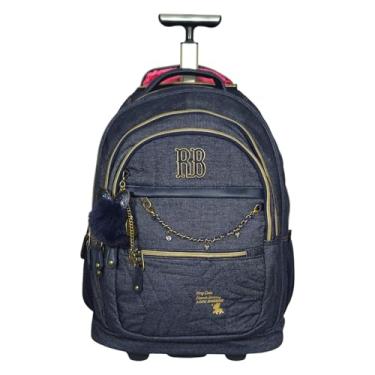 Imagem de Mochila de Rodinhas Escolar Rebecca Bonbon, Jeans Azul Marinho, com Chaveiro Pel�cia, Design Luxo, Compartimentos M�ltiplos, Interior Rosa