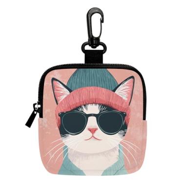 Imagem de Porta-chaves mini porta-moedas, bolsa multifuncional para chaves, moedas, fone de ouvido, batom, porta-cartões, organizador de cabos de dados, bolsa com zíper, gato legal com óculos de sol, acessórios