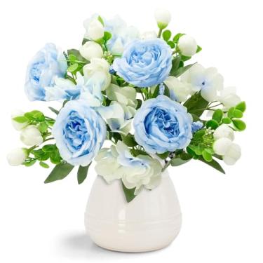 Imagem de Philbinden 2 pacotes de peônias de flores artificiais, buquê de peônias falsas de seda para mesa de centro de mesa, festa de casamento, decoração de casa (2, branco, azul, grande)