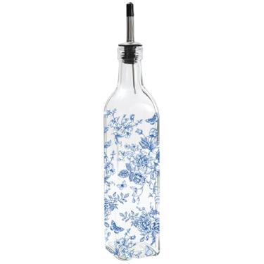 Imagem de JarThenaAMCS Chinoiserie Garrafa dispensadora de azeite de oliva azul garrafa galheteiro de vidro floral com bico recipiente de vinagre para cozinha doméstica mesa decoração de bancada