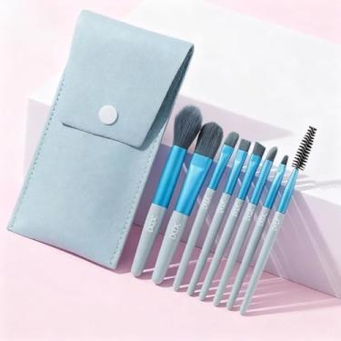 Imagem de Conjunto de pincéis de maquiagem de 8 peças – Cerdas de fibra sintética macias, adequado para viagens com bolsa de pincéis de poliuretano – Ferramentas portáteis de beleza (cinza azul)