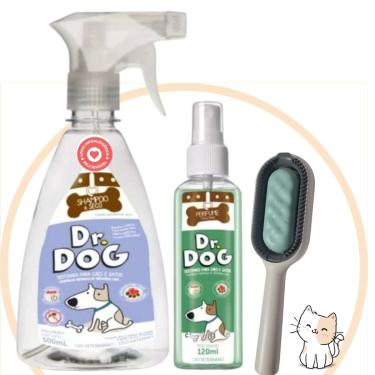 Imagem de Kit Dr. Dog Banho seco pet 500ml + perfume Cachorro & Gato120ml FILHOTES + Escova Rasqueadeira 3x1