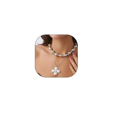 Imagem de Colar de cruz grossa em camadas empilhadas com cruz de pérola colar gargantilha de pérolas barrocas com contas grandes joias de cruz inchada para mulheres, one size, Metal, Sem Pedra Preciosa