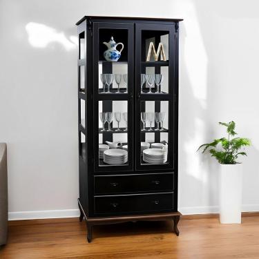 Imagem de Cristaleira De Madeira 2 Portas 3 Prateleiras 2 Gavetas Pés Luiz Xv - Preto Laca Com Tampo E Base Castanho Envelhelido