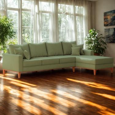 Imagem de Sofá 4 Lugares Beny Com Chaise Direito Linho Verde Oliva