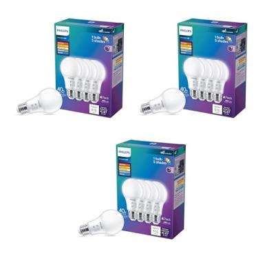 Imagem de Philips LED 40W A19 Pacote com 12 lâmpadas brancas selecionáveis multi-CCT 510 lúmens (4W = 40W) Lâmpadas reguláveis foscas sem cintilação