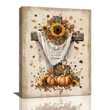Imagem de Arte de parede de outono cristã outono cruz rústica girassol abóbora decoração de parede outono para Jesus Ele nunca deixa imagens impressão pintura emoldurada decorações presentes para sala de estar