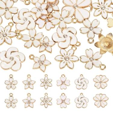 Imagem de Magibeads 48 pingentes de flor esmaltados a granel sortidos mini pingentes florais brancos com strass decoração de flor de cerejeira pingentes de ouro claro para colar, pulseira, brincos, kits de