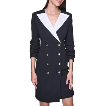 Imagem de Karl Lagerfeld Vestido blazer feminino de crepe com gola V e lapela contrastante de manga franzida, Preto e branco macio, 46