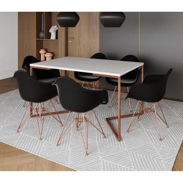 Imagem de Mesa Jantar Industrial Retangular Branca 137X90Cm Base V Cobre Com 6 Poltronas Pretas B Marrom
