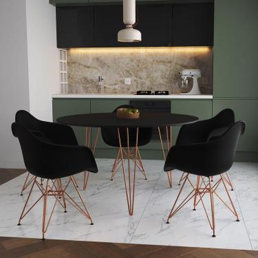 Imagem de Mesa Jantar Redonda 110Cm Preta Clips 3 Pés Com 5 Poltronas Pretas Base Cobre Marrom