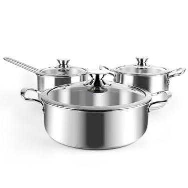 Imagem de Conjunto de panelas de aço inoxidável, 6 peças de utensílios de cozinha com tampas de vidro, alça que mantém fresca, segura para forno, funciona com placas de indução, elétricas e a gás