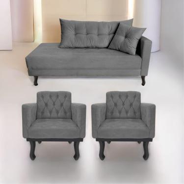 Imagem de Kit Diva Recamier Azura 185cm Lado Esquerdo e 02 Poltronas Classic Suede Cinza