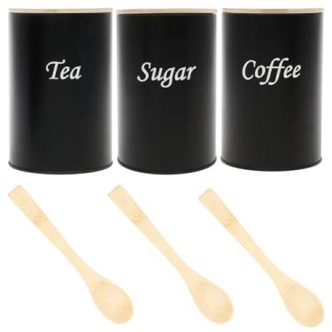 Imagem de Conjunto de 3 recipientes de café e chá, açúcar, pote multifuncional de metal e bambu com tampas de bambu, recipiente selado de armazenamento de alimentos com colher para cozinha e balcão de casa