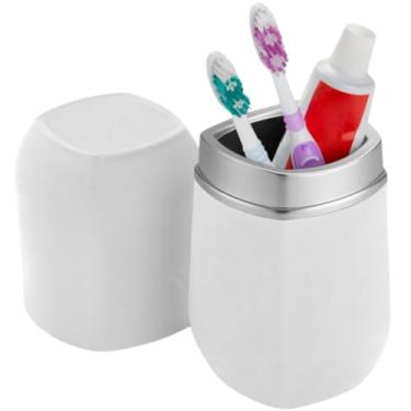 Imagem de Porta Escova, Suporte Pasta de Dente com Tampa Bancada Banheiro Lavabo(Branco/Cromado)