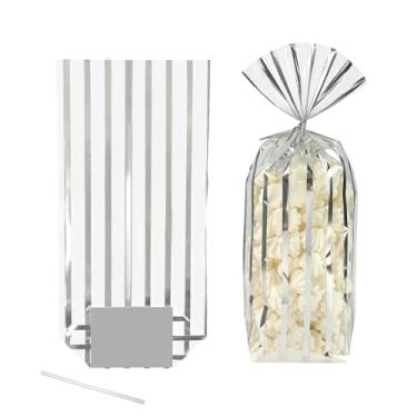 Imagem de EKAPACKAGING 25 peças de sacos de celofane listrados prateados de celofane de celofane com laços de celofane